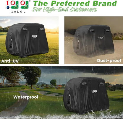 Universal Golf Cart Covers for Yamaha, Club Car, EZGO, Waterproof 2/4 Passenger Heavy Duty Golf Cart Rain Covers with 3 Zipper Doors Extended Roof for Outdoor All-Weather Protection