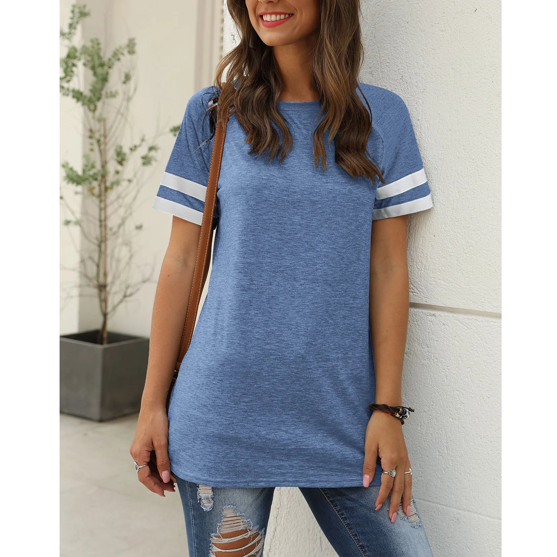 Women'S Short Sleeve Shirts Summer round Neck Tops Loose Fit Casual Striped Tee Cute T-Shirt Blue Tees 2025