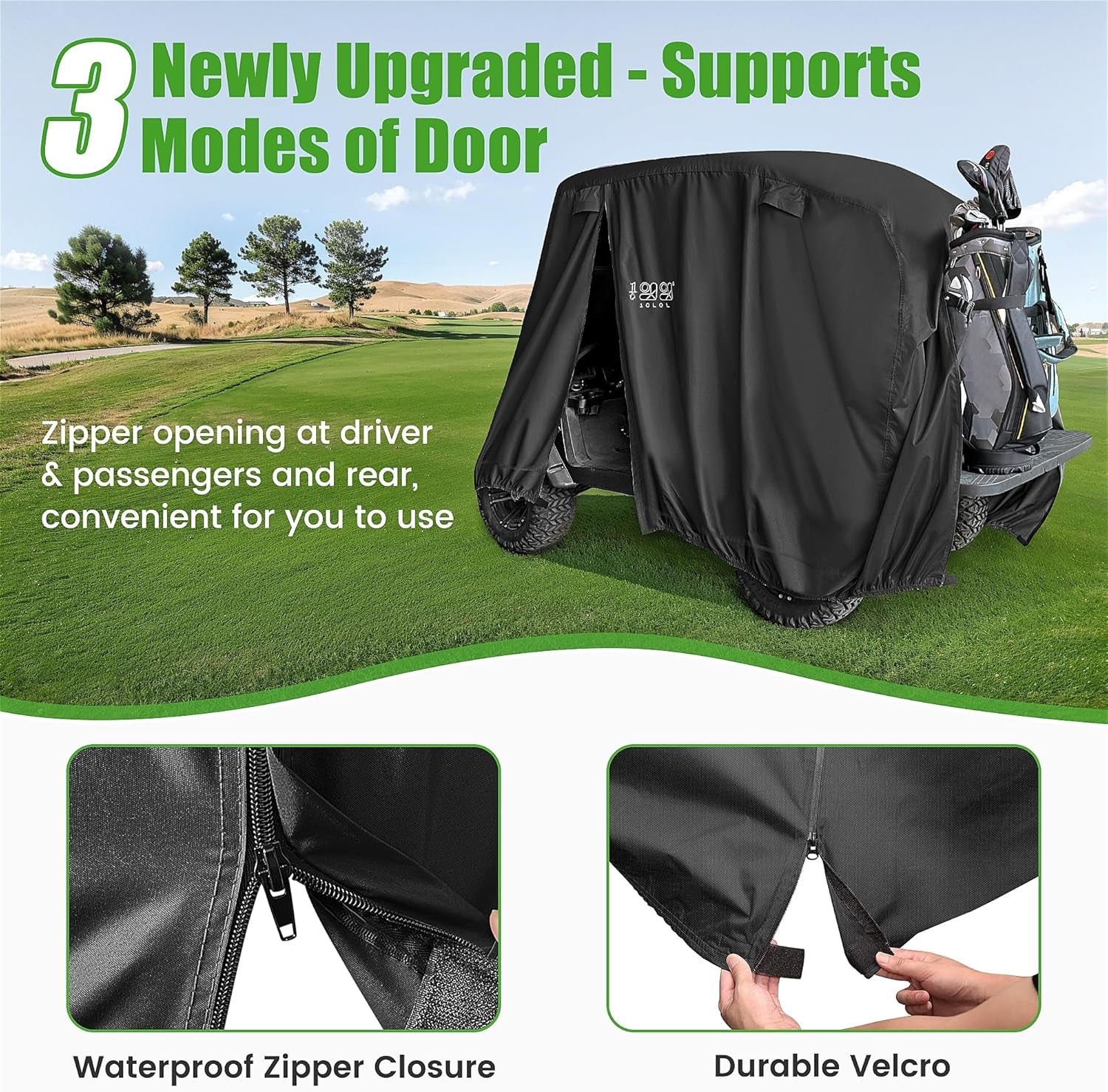 Universal Golf Cart Covers for Yamaha, Club Car, EZGO, Waterproof 2/4 Passenger Heavy Duty Golf Cart Rain Covers with 3 Zipper Doors Extended Roof for Outdoor All-Weather Protection