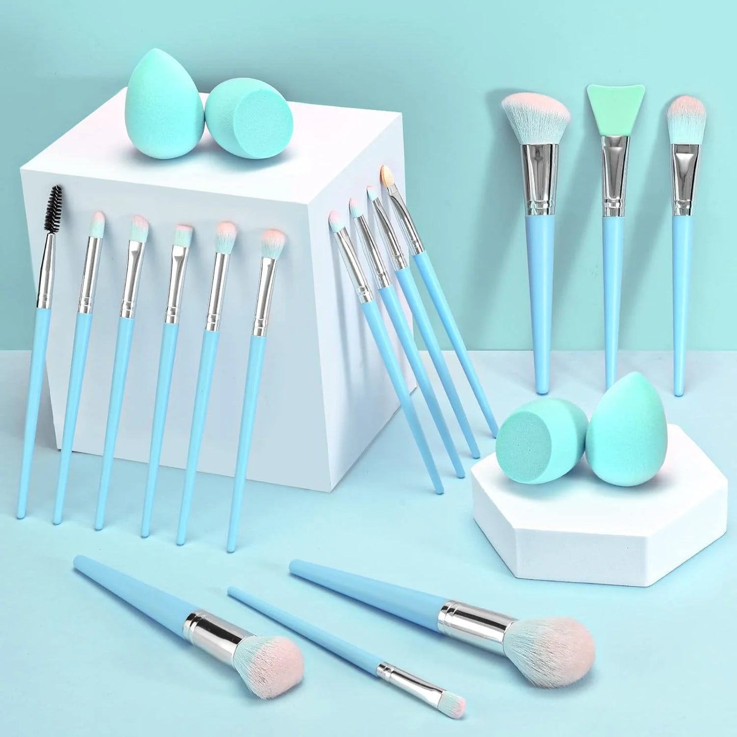 16-Piece Professional Makeup Brush Set with Makeup Sponge - Premium Synthetic Kabuki, Eyebrow, Concealer, and Eye Shadow Brushes (Blue)