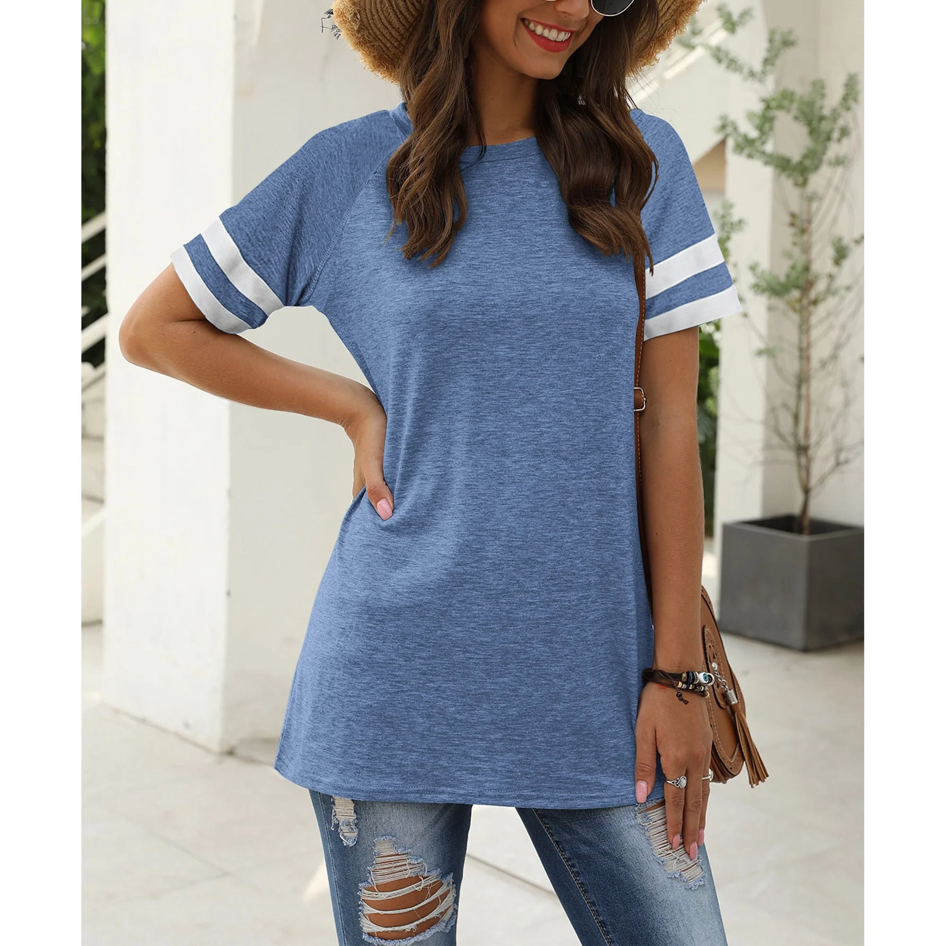 Women'S Short Sleeve Shirts Summer round Neck Tops Loose Fit Casual Striped Tee Cute T-Shirt Blue Tees 2025