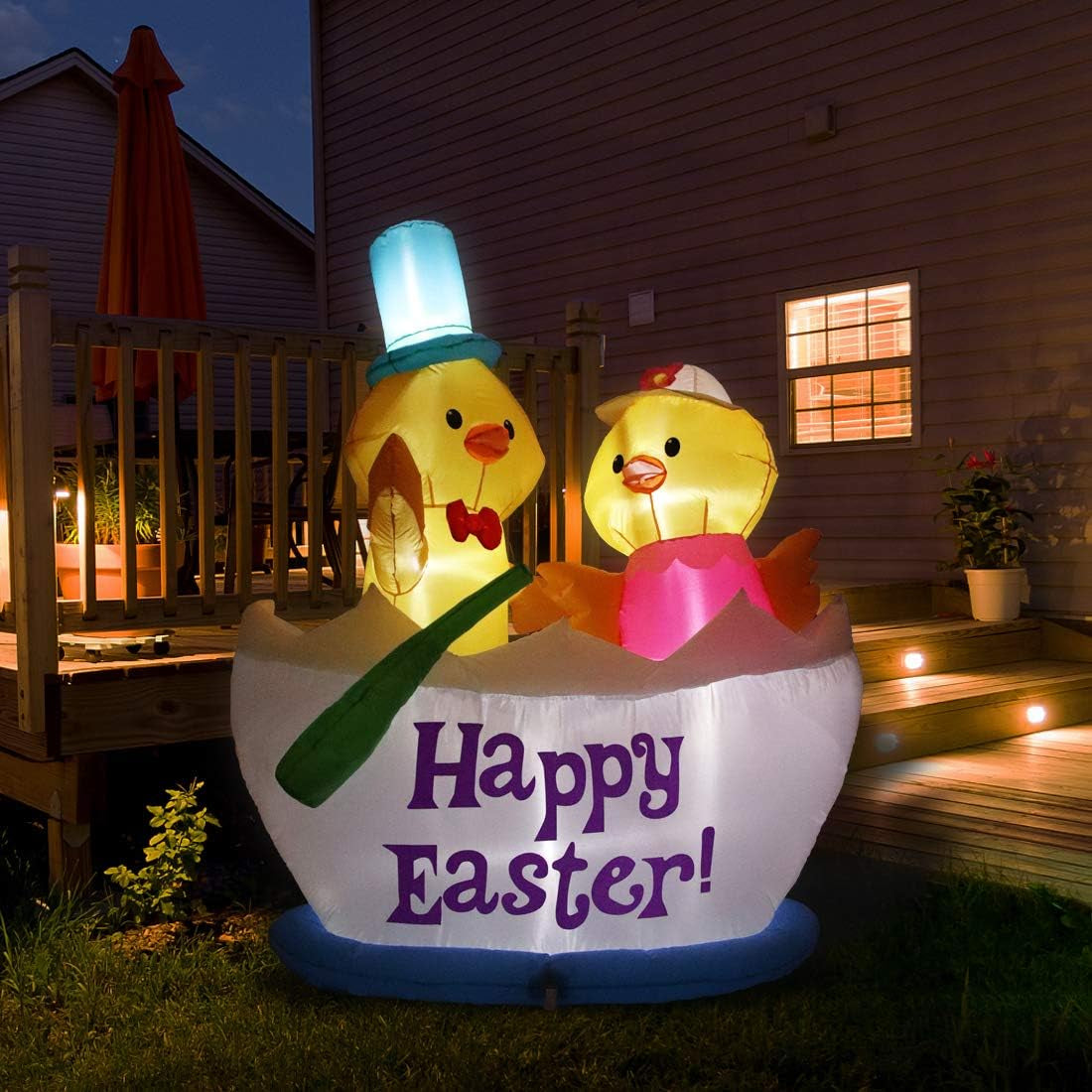 4.92FT Inflatable Easter Decorations Featuring Two Chickens in a Boat with LED Lights for Indoor and Outdoor Holiday Display
