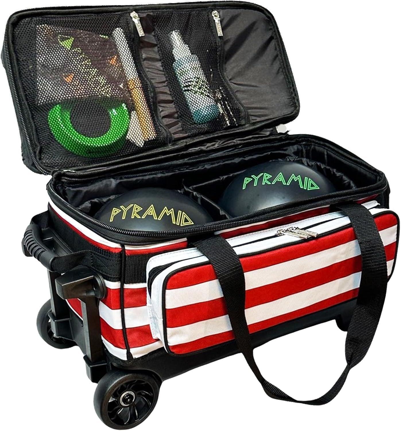 Deluxe Double Roller 2 Ball Bowling Bag with Large Separate Shoe Compartment (Up to 2 Pairs of Shoes) and Accessory Pockets, Sturdy Square Handle - Extends to 40" - Pro Options Available