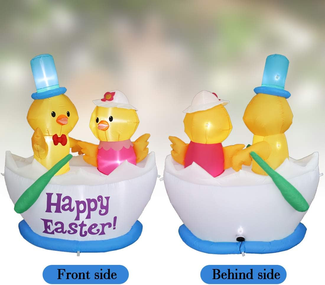 4.92FT Inflatable Easter Decorations Featuring Two Chickens in a Boat with LED Lights for Indoor and Outdoor Holiday Display
