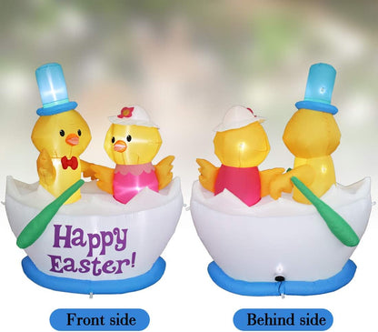 4.92FT Inflatable Easter Decorations Featuring Two Chickens in a Boat with LED Lights for Indoor and Outdoor Holiday Display