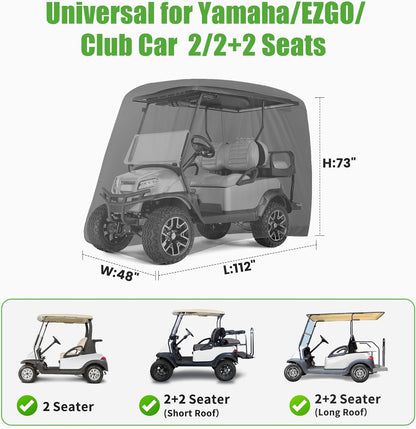 Universal Golf Cart Covers for Yamaha, Club Car, EZGO, Waterproof 2/4 Passenger Heavy Duty Golf Cart Rain Covers with 3 Zipper Doors Extended Roof for Outdoor All-Weather Protection