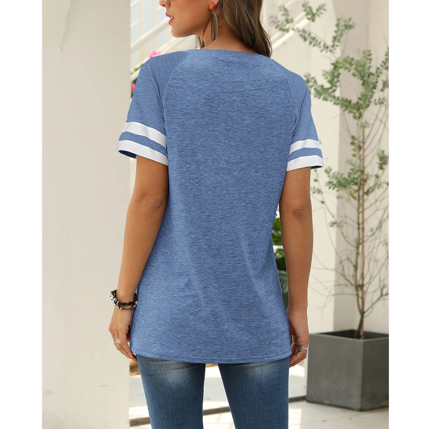 Women'S Short Sleeve Shirts Summer round Neck Tops Loose Fit Casual Striped Tee Cute T-Shirt Blue Tees 2025