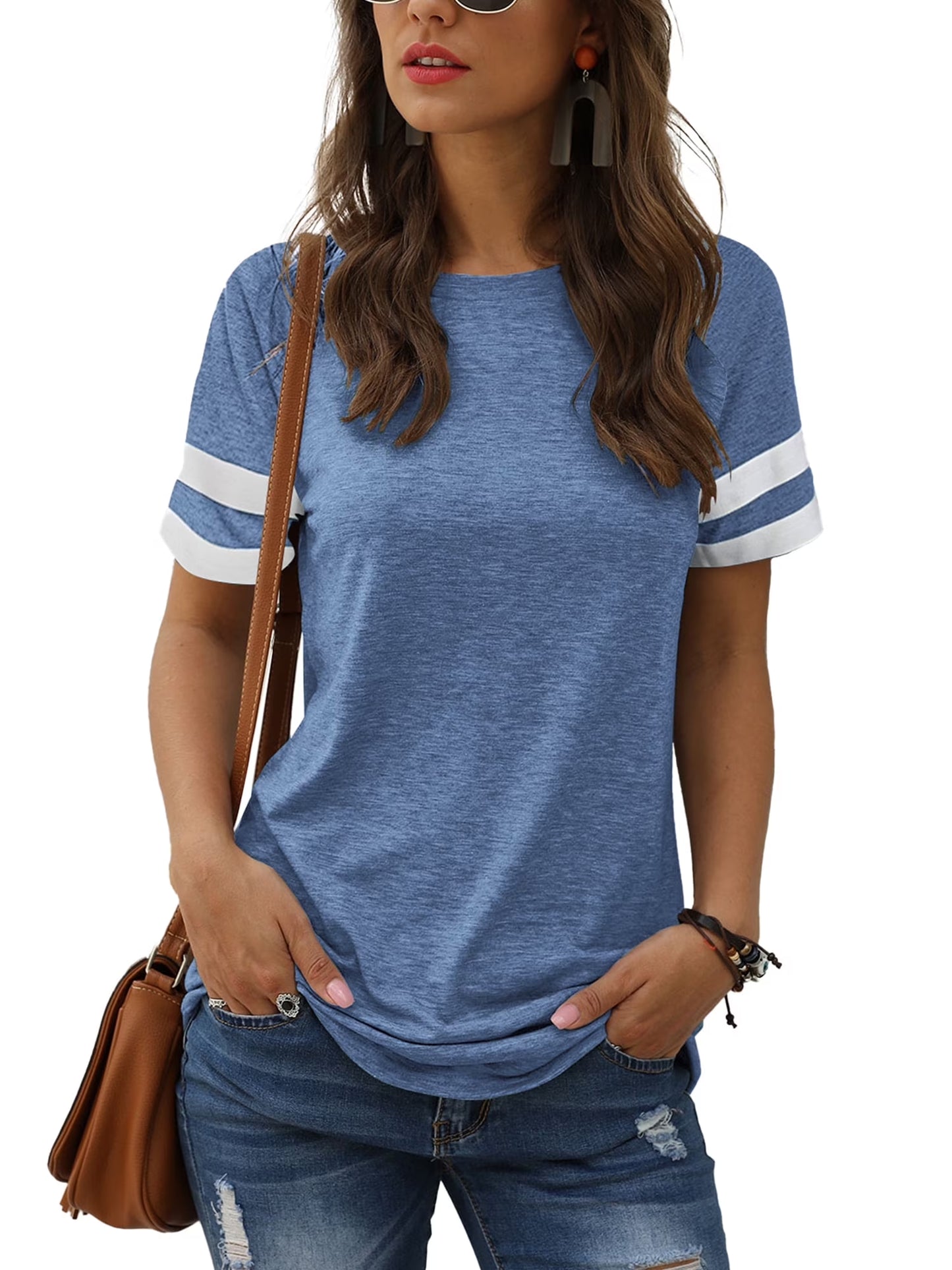 Women'S Short Sleeve Shirts Summer round Neck Tops Loose Fit Casual Striped Tee Cute T-Shirt Blue Tees 2025
