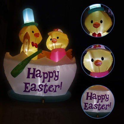 4.92FT Inflatable Easter Decorations Featuring Two Chickens in a Boat with LED Lights for Indoor and Outdoor Holiday Display