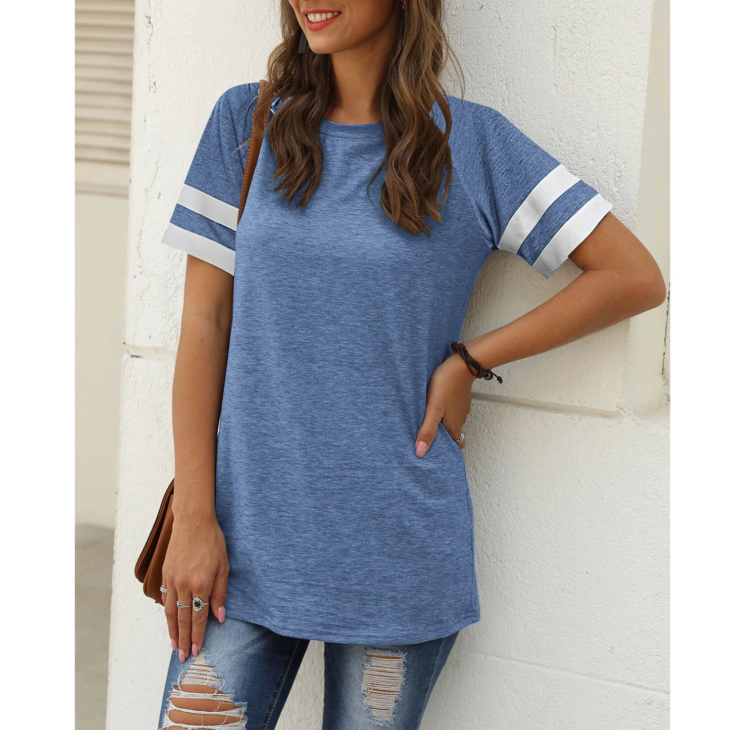 Women'S Short Sleeve Shirts Summer round Neck Tops Loose Fit Casual Striped Tee Cute T-Shirt Blue Tees 2025